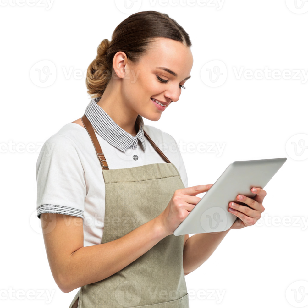 Smiling woman using tablet in apron, showcasing food, technology, and modern service png
