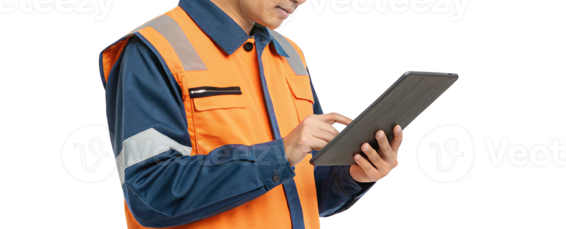 worker in orange safety vest uses tablet, showcasing blend of food and technology in modern workplaces png