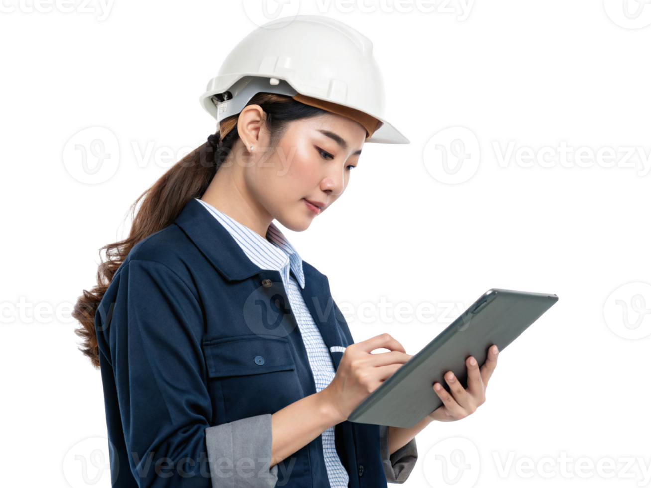 professional woman wearing hard hat and blue work jacket is using tablet to take notes, showcasing blend of food and png