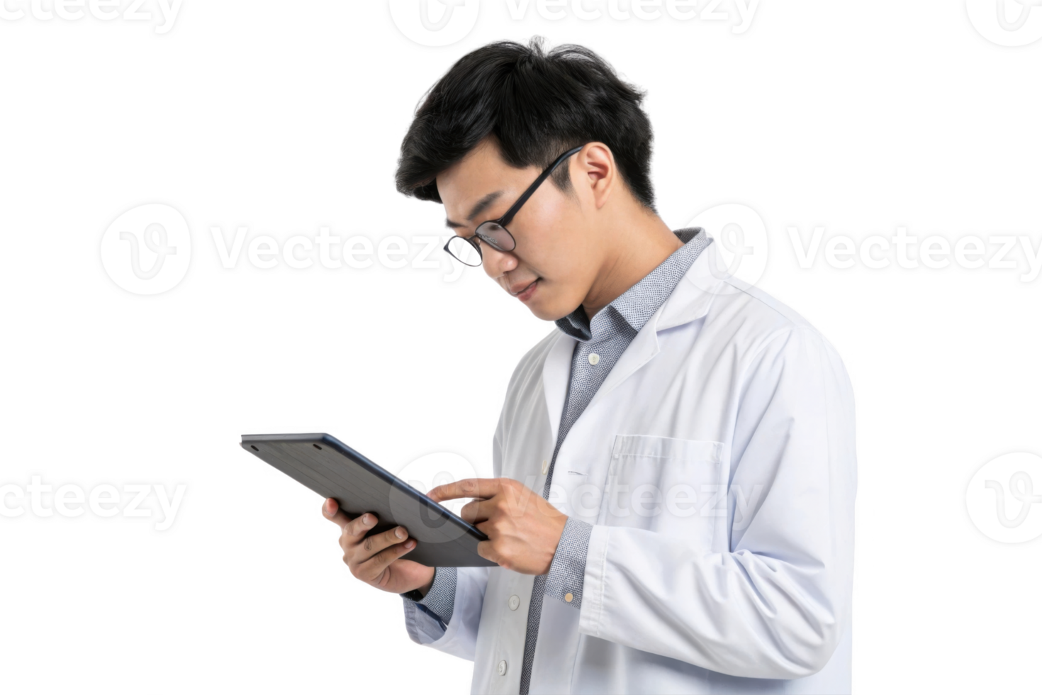 young male professional in lab coat is using tablet, showcasing blend of food and technology in modern healthcare setting png