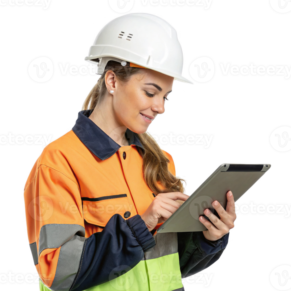 Construction worker using technology, food safety, and communication in professional setting png