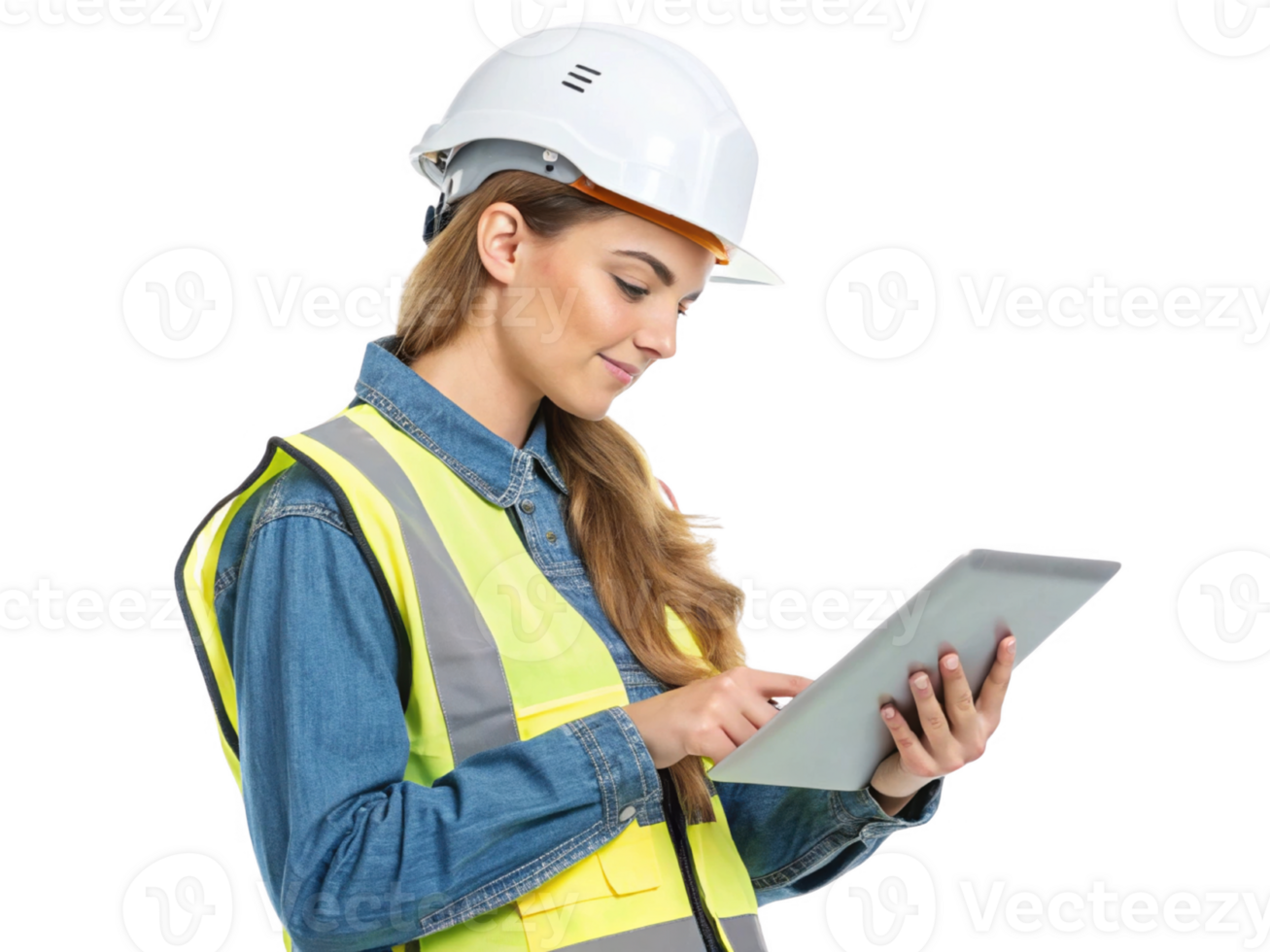 construction worker, technology, safety, tablet, hard hat, professional, female, modern png