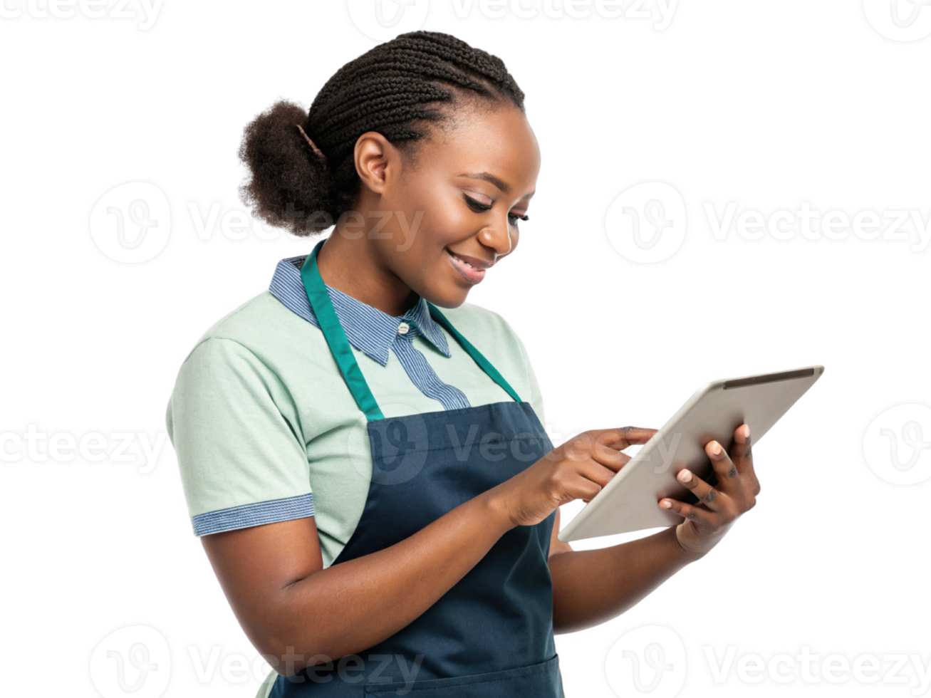 smiling woman using tablet, food, technology, apron, casual, modern, digital, service png