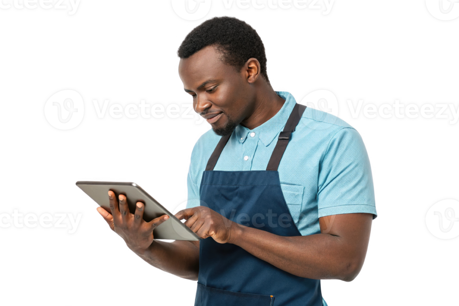 man in blue shirt and apron using tablet, showcasing food, technology, and engagement in his work png