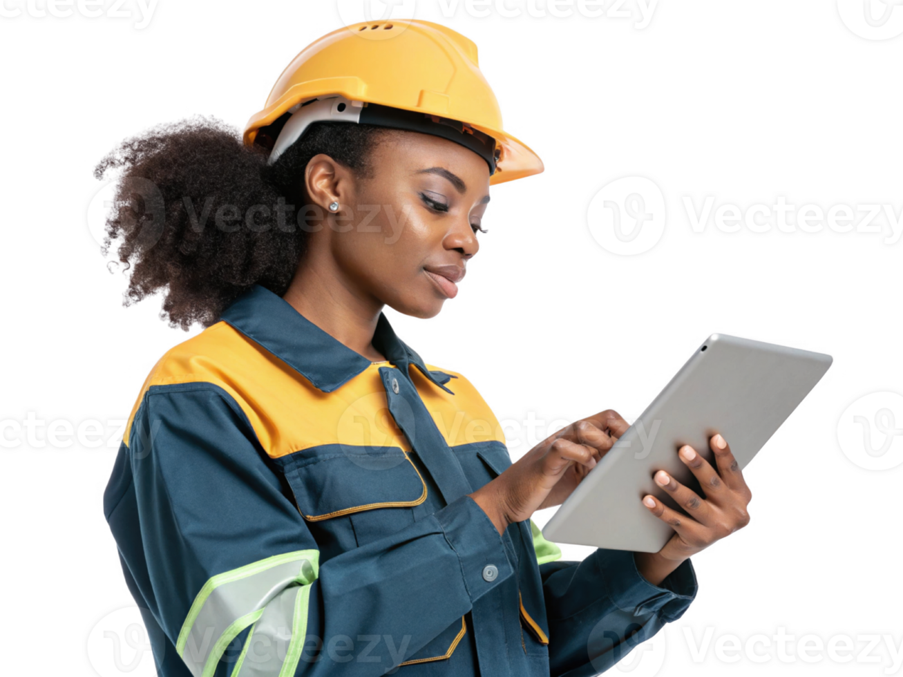construction worker using tablet, showcasing food, technology in modern work environment png