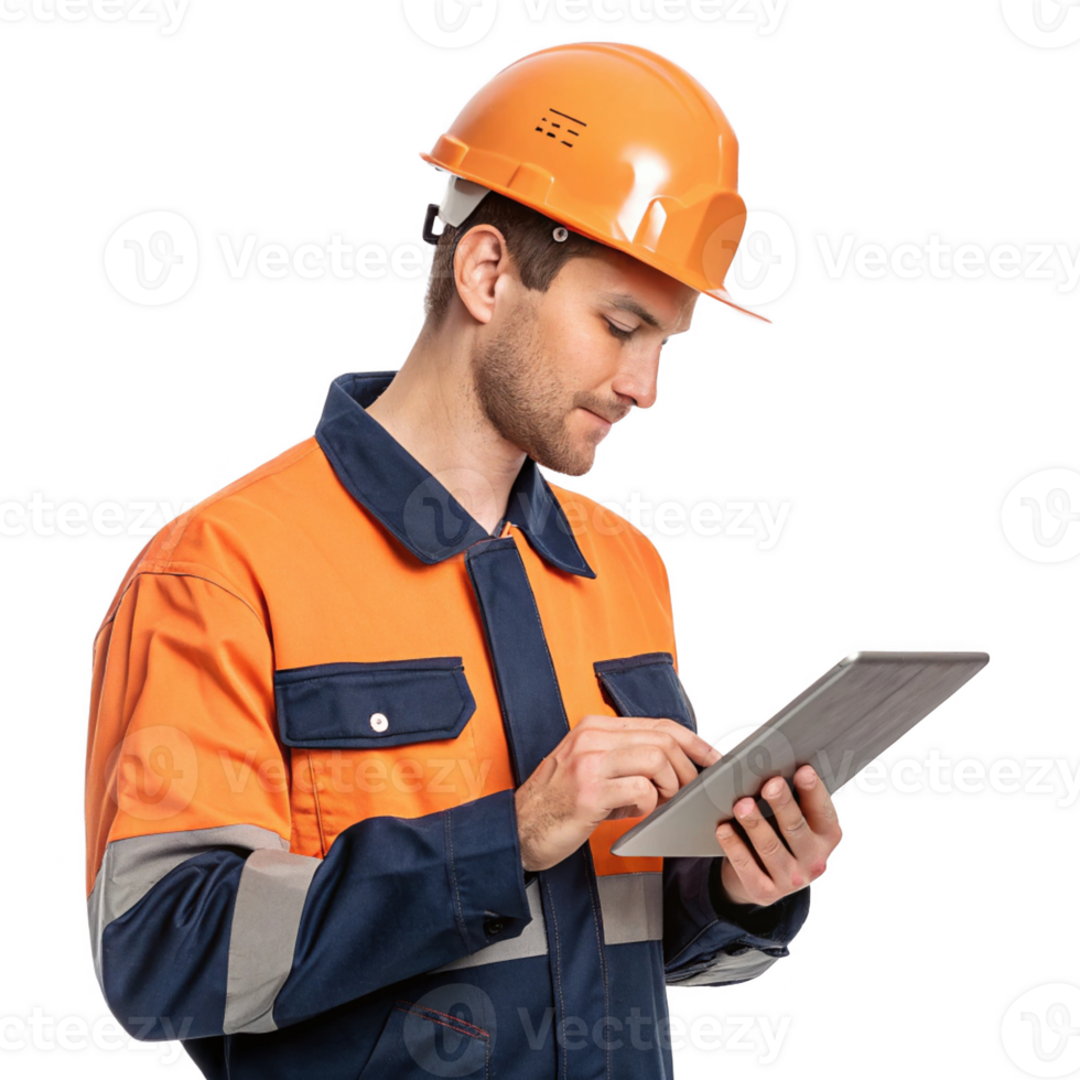 construction worker orange helmet and uniform uses tablet, showcasing blend of food and technology modern work environments png