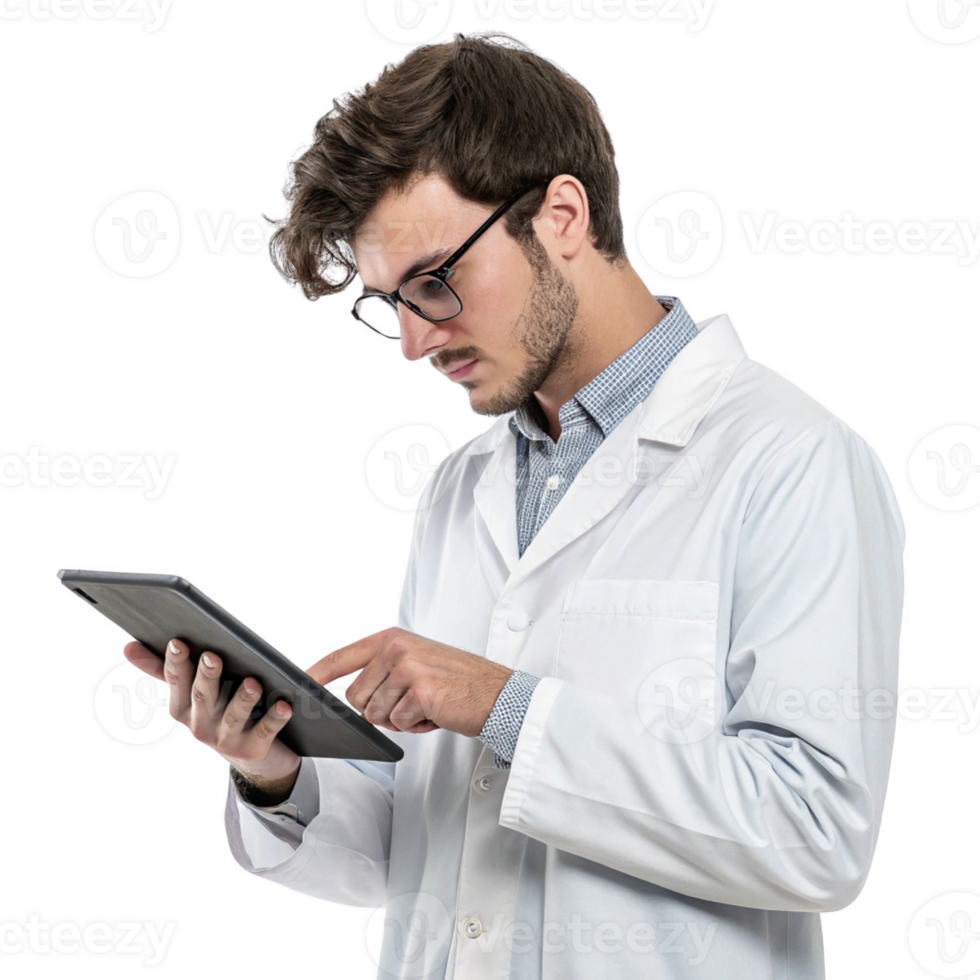 Young male scientist using tablet in lab coat, focused on technology and food research png