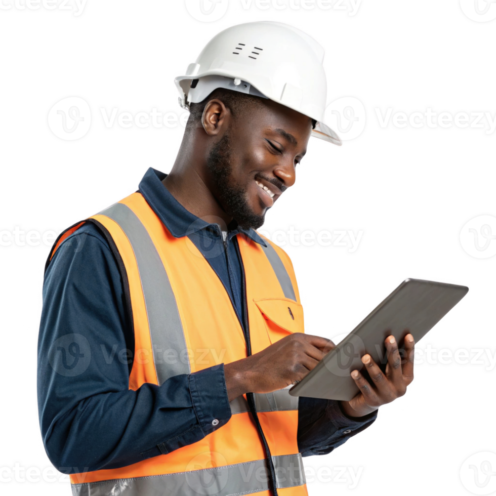Construction worker using technology, food safety, smiling, professional, safety gear, tablet, modern png