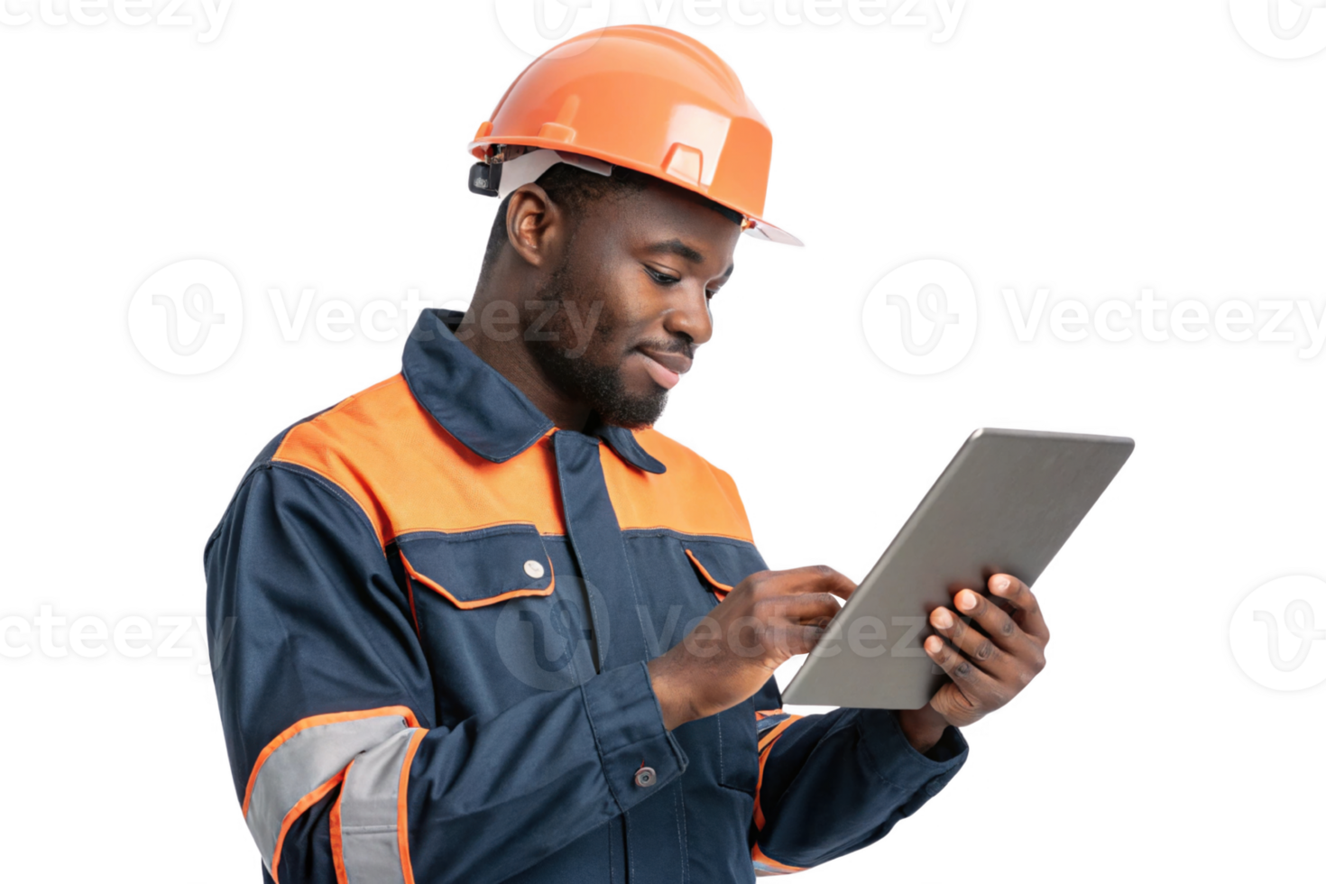 Construction worker using tablet, food, technology, smiling, safety helmet, professional attire, modern tools png