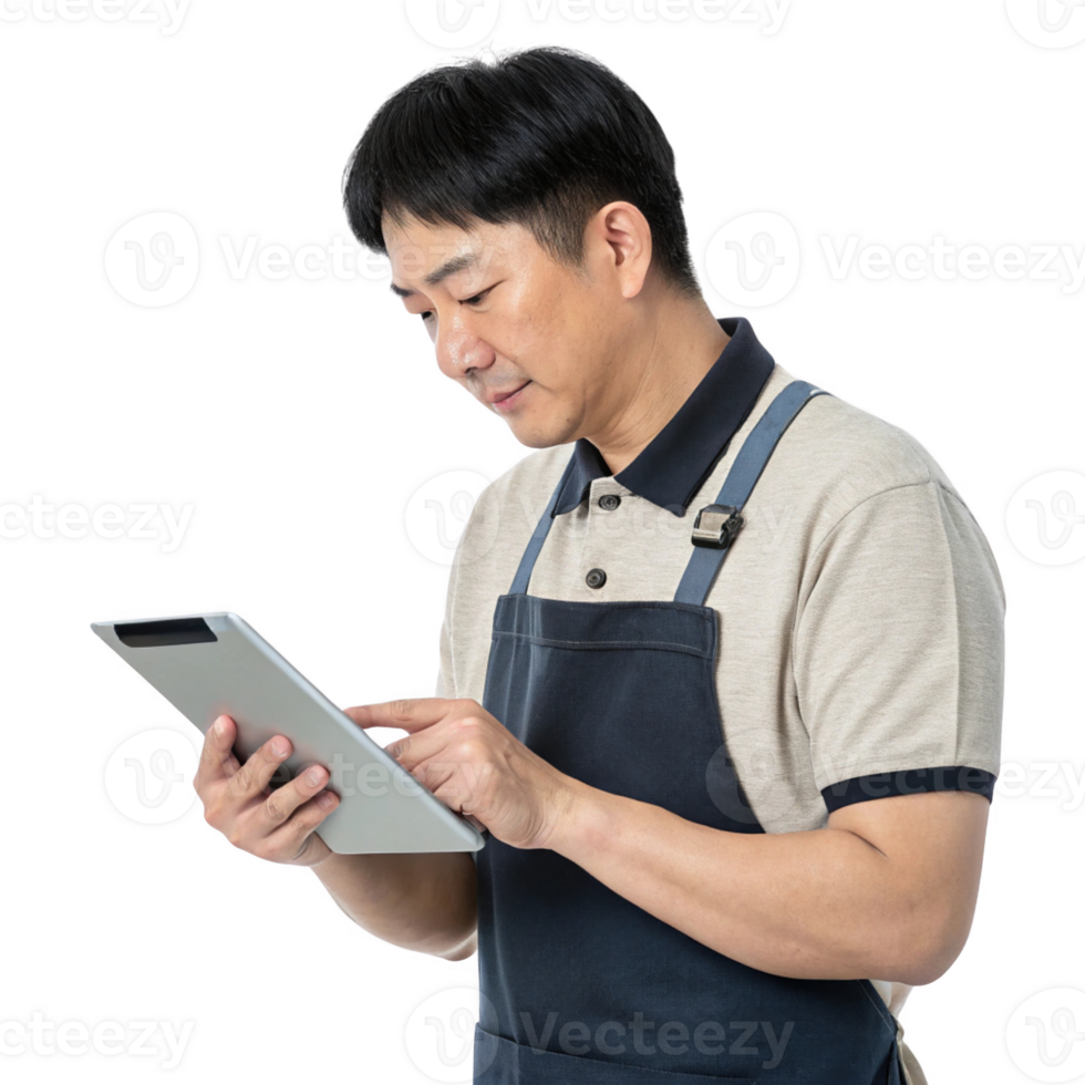 man in apron uses tablet, showcasing intersection of food and technology in modern setting png