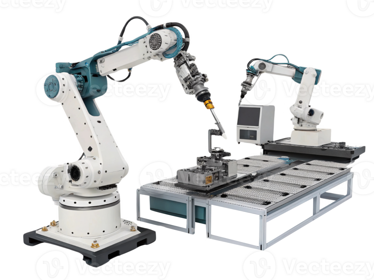 Automated robotic arms working precision tasks manufacturing environment, showcasing advanced technology and efficiency png