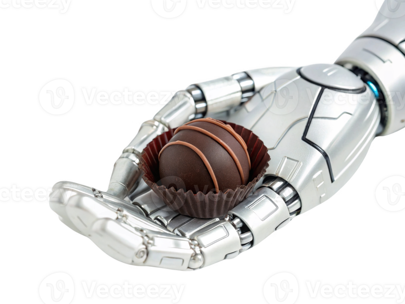 robotic hand delicately holds chocolate truffle, showcasing blend of food and technology in unique way png