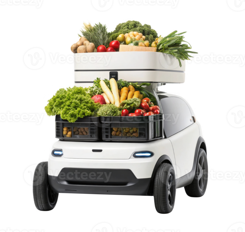 compact delivery vehicle loaded with fresh produce, showcasing intersection of food and technology. This innovative design png