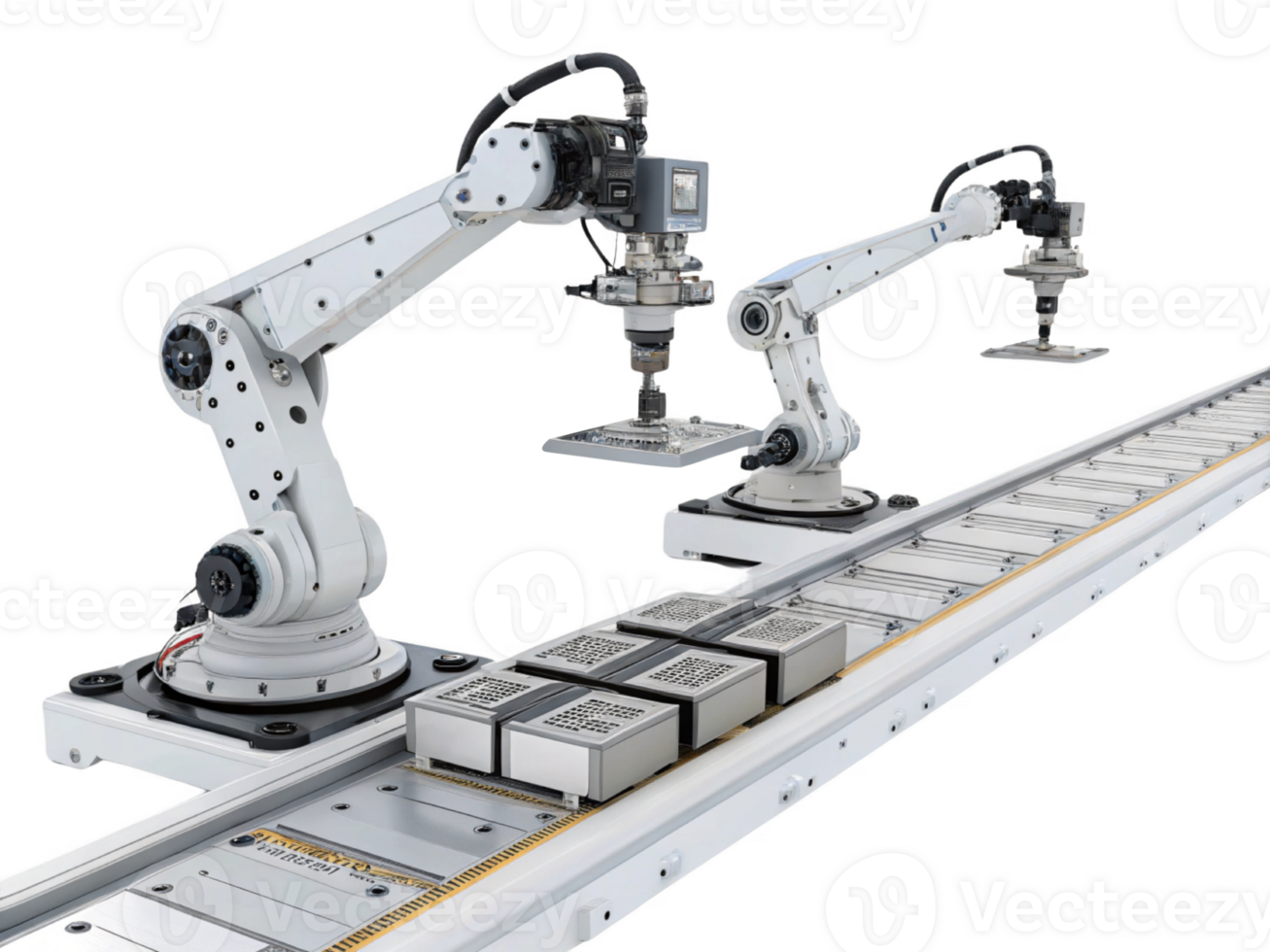 Automated robotic arms working on conveyor system, showcasing advanced food technology and precision in handling items png