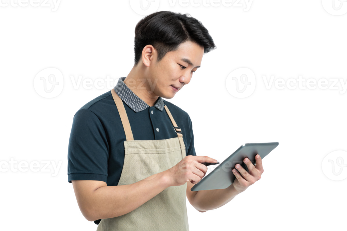 young man in apron uses tablet, showcasing intersection of food and technology in modern setting png