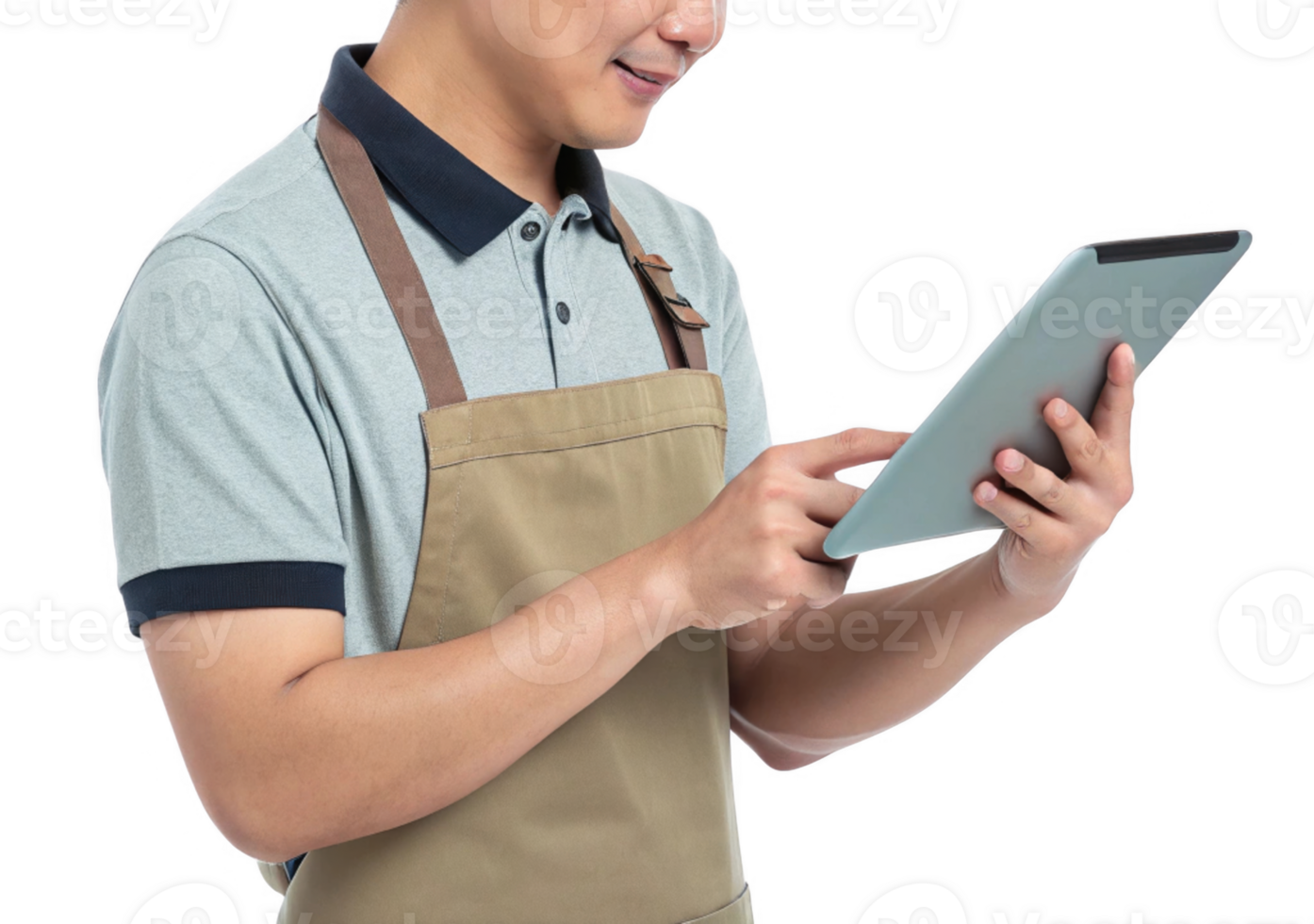 smiling man in apron uses tablet, blending food and technology in modern setting png