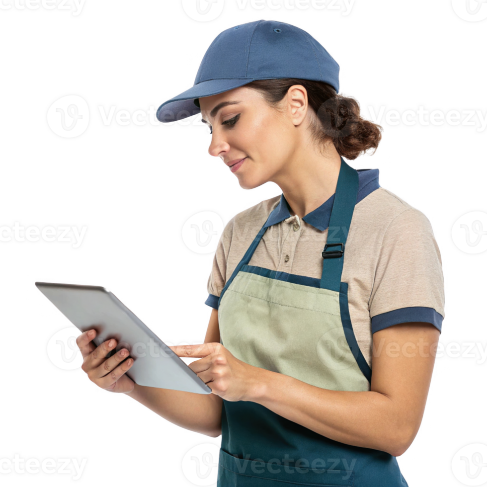 worker in cap and apron uses tablet to manage tasks, blending food and technology in modern setting png