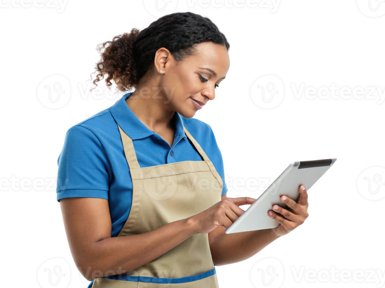 woman in blue shirt and apron uses tablet, showcasing intersection of food and technology in modern setting png