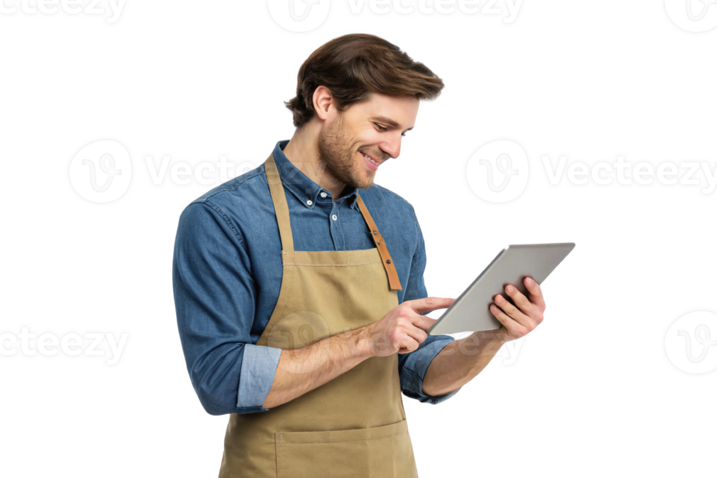 Smiling man in apron using tablet, showcasing food, technology in modern kitchen setting png