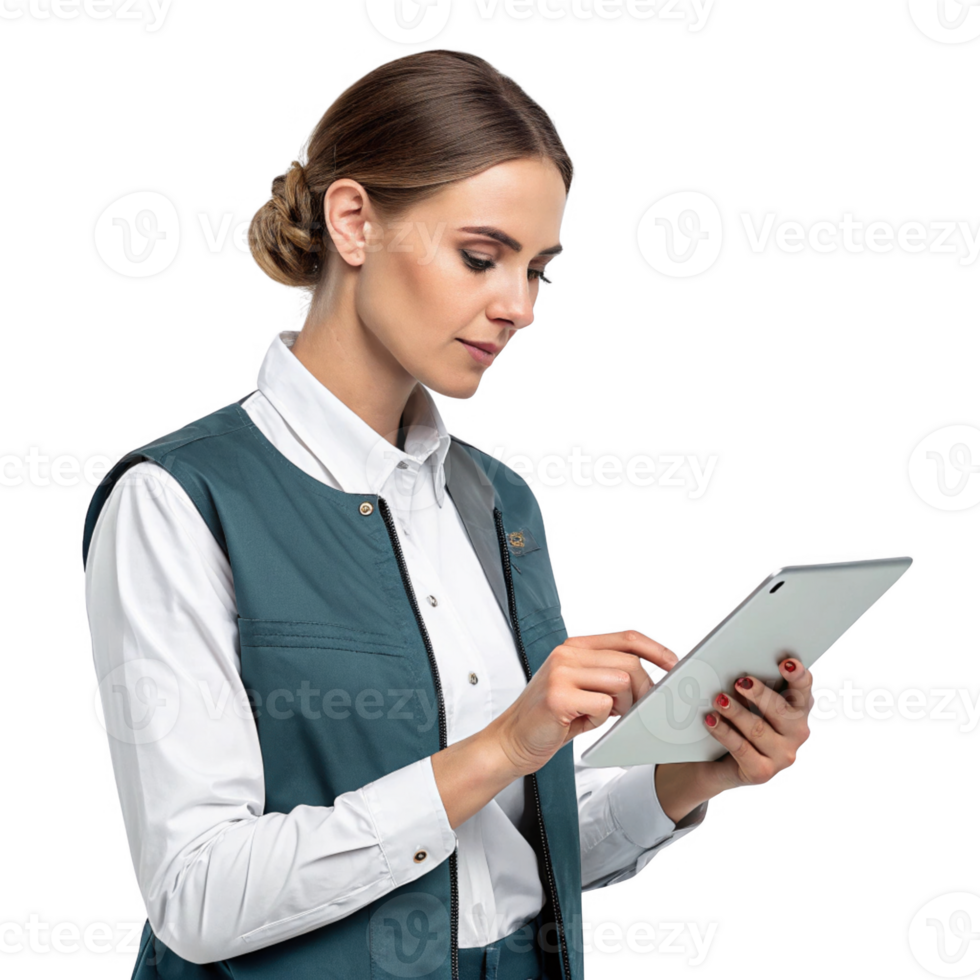 professional woman using tablet, showcasing intersection of food and technology in modern setting png