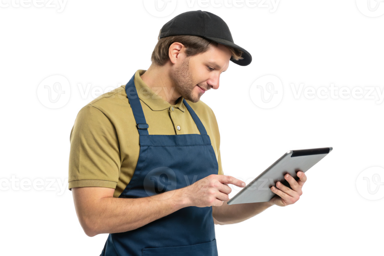 young man in uniform uses tablet, showcasing integration of food and technology in modern setting png
