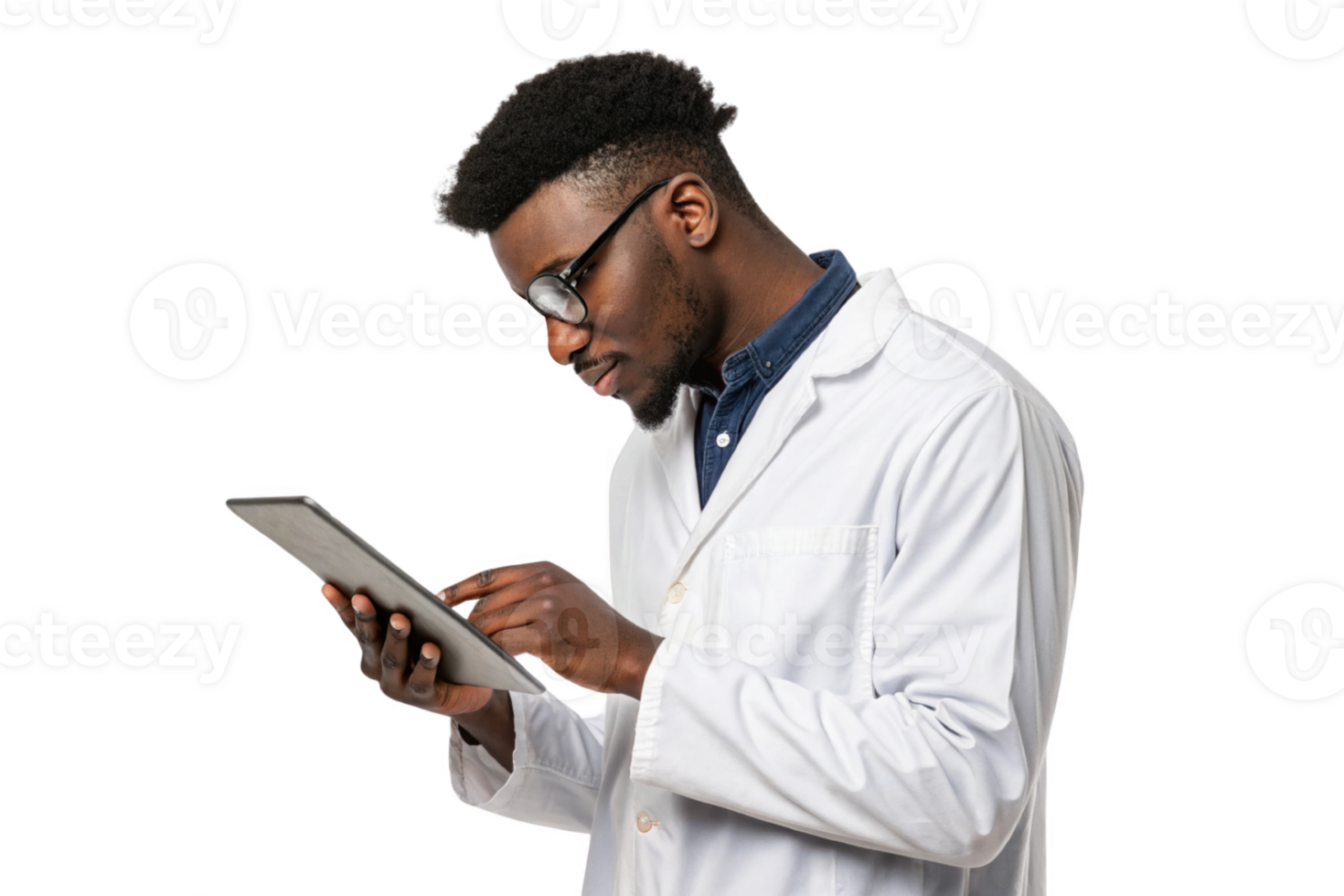 focused professional in lab coat using tablet, showcasing intersection of food and technology in modern research png
