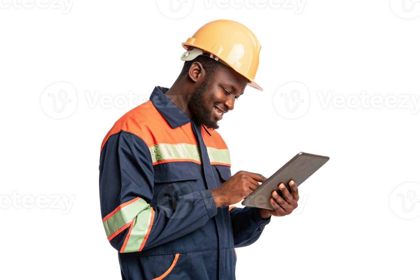 construction worker wearing hard hat and safety gear smiles while using tablet, showcasing integration of food and technology png