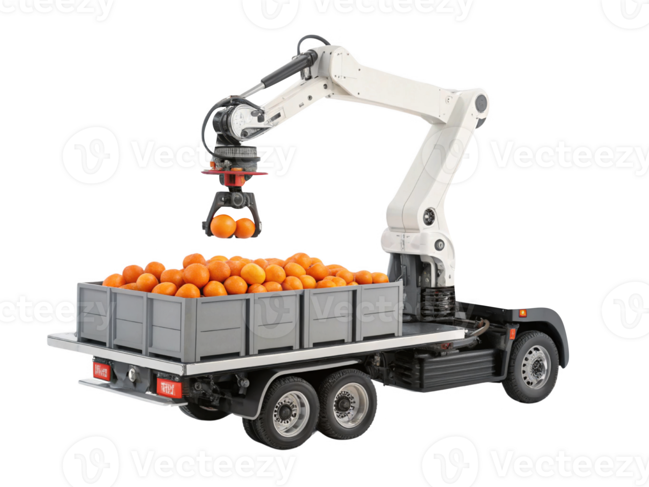 robotic arm loading oranges onto transport vehicle, showcasing innovation food handling and technology. scene highlights png