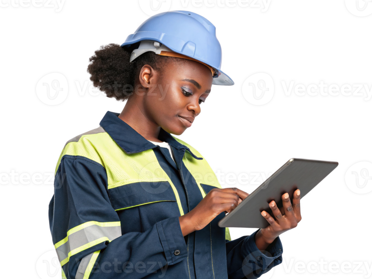 The construction worker using tablet, showcasing integration of food and technology in modern work environments png