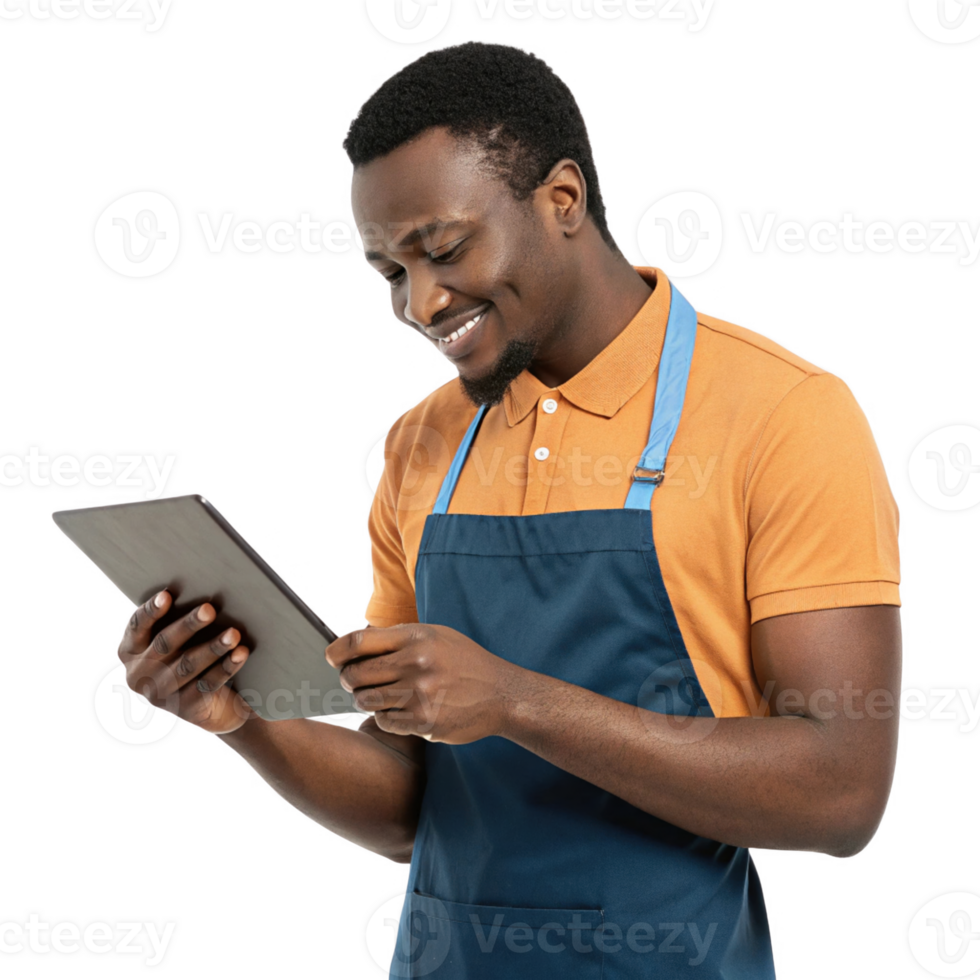 smiling man in apron using tablet, showcasing food, technology in modern setting png