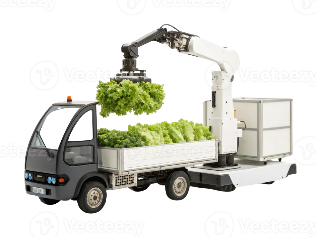 Innovative food technology combines automation and agriculture with robotic arm on truck, showcasing fresh produce png