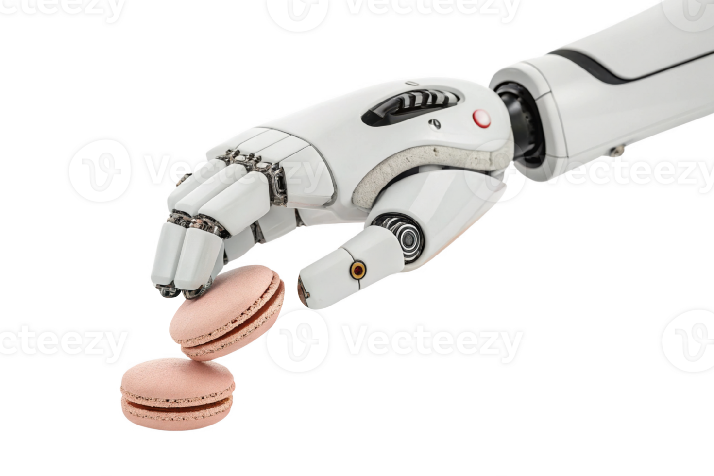 robotic hand delicately picks up pink macarons, showcasing blend of food and technology in modern setting png