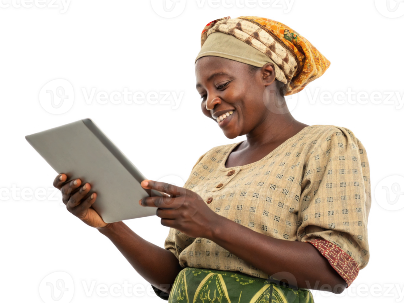 woman using tablet, smiling, showcasing blend of food and technology in daily life png
