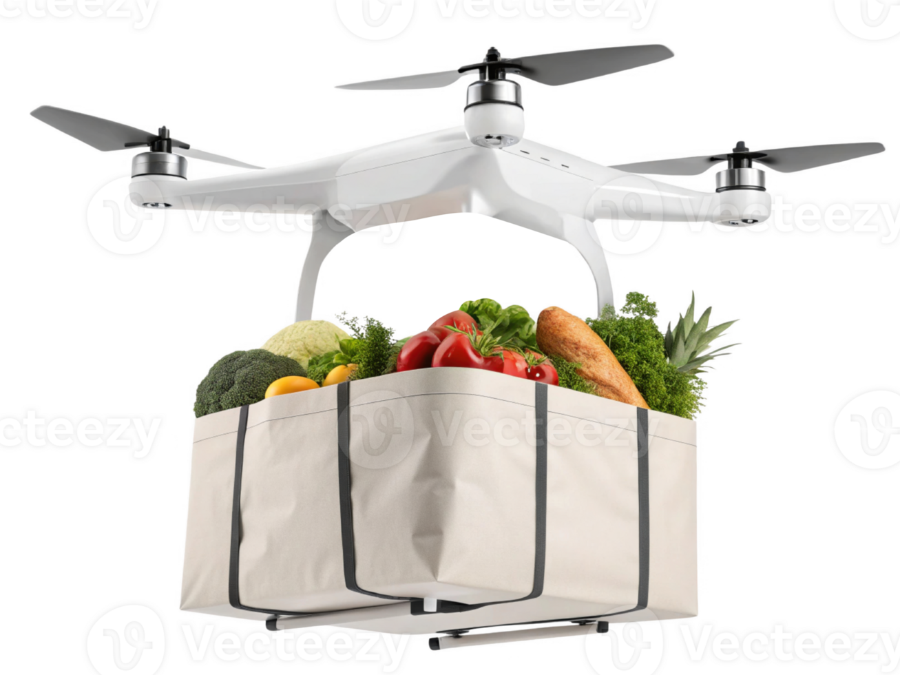 Drone delivering fresh food, technology enhancing grocery shopping experience with convenience and efficiency png
