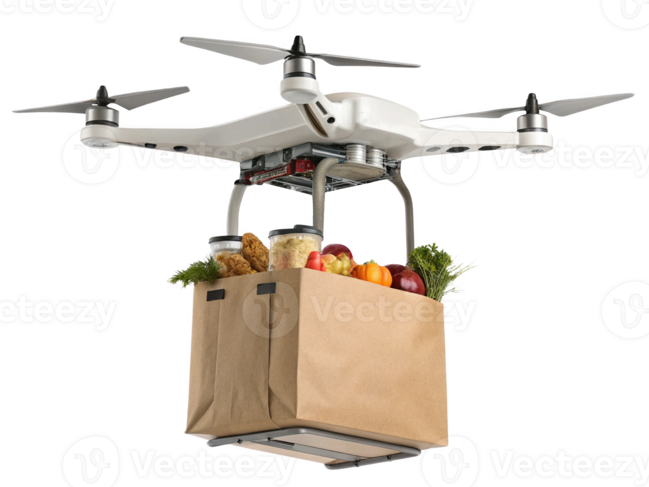 drone carrying groceries showcases intersection of food and technology, highlighting modern delivery methods png
