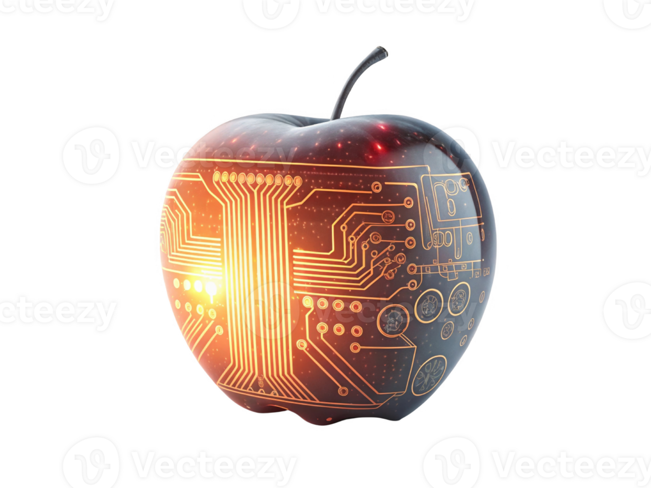 digital apple with circuit board design symbolizes fusion of food and technology, showcasing innovation and creativity png