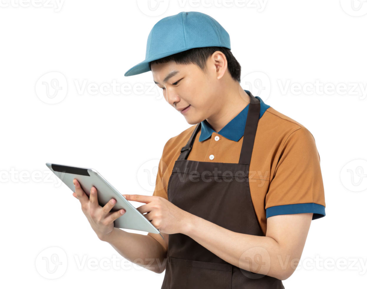 young worker using tablet in cafe, showcasing food, technology, and customer service skills png