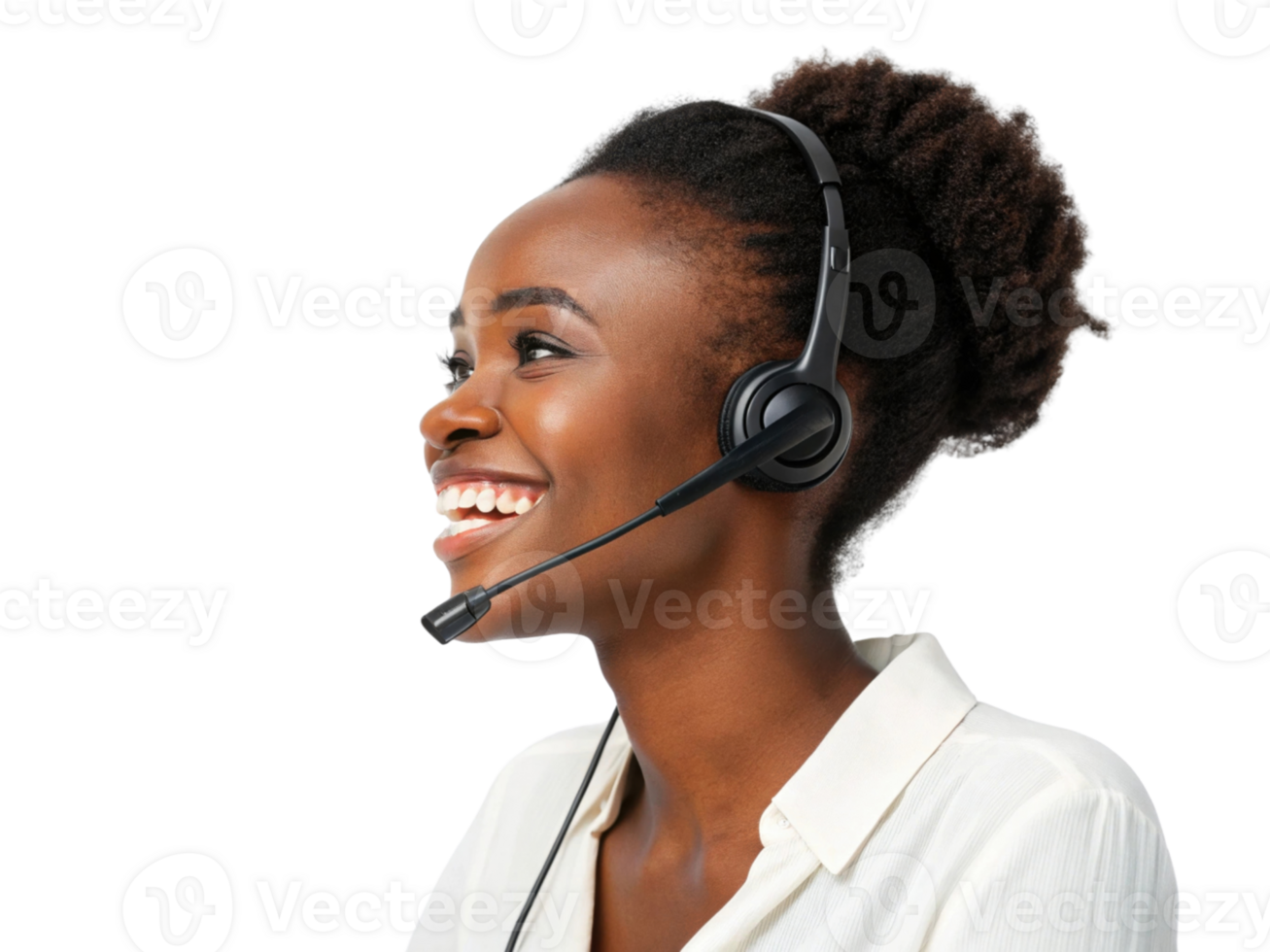 Smiling woman with headset providing technical support, showcasing professionalism and friendliness in customer service role png