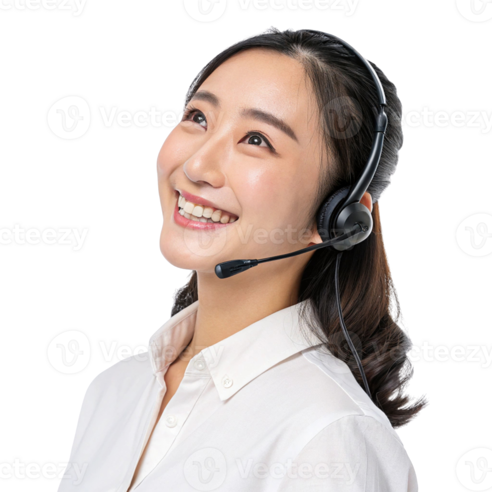 smiling woman wearing headset, looking upwards, conveying sense of positivity and support professional setting. technical png