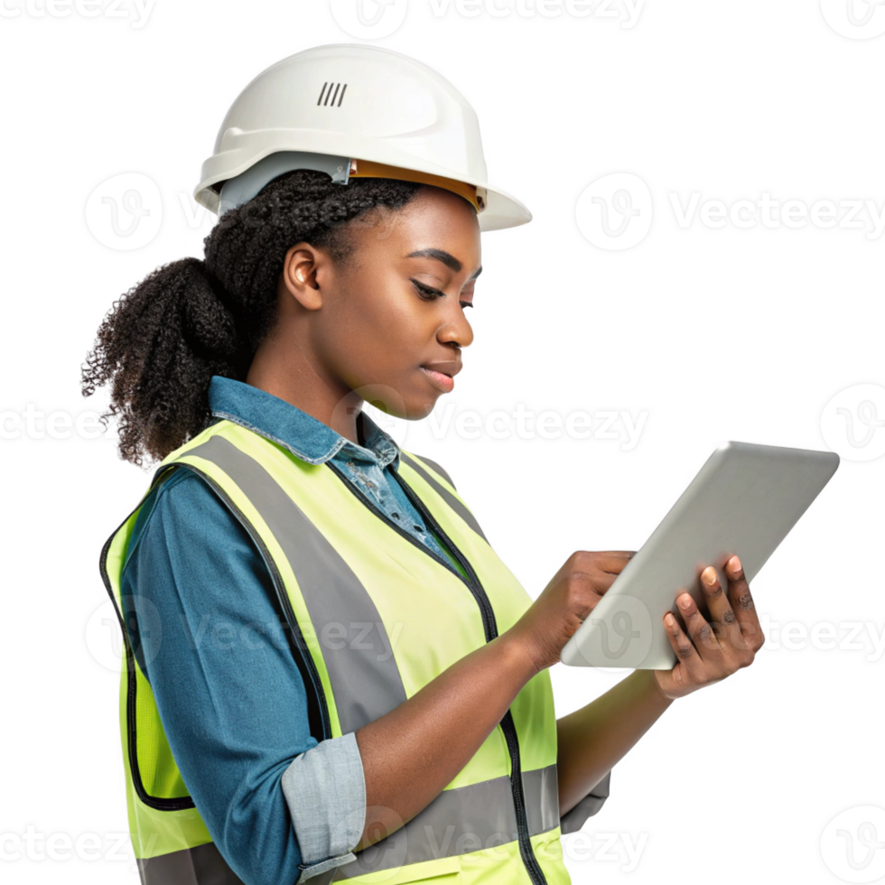 construction worker using tablet, showcasing integration of food and technology in modern work environment png