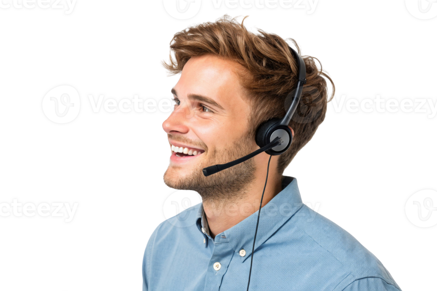 young man wearing headset, smiling while providing technical support, showcasing friendly demeanor png