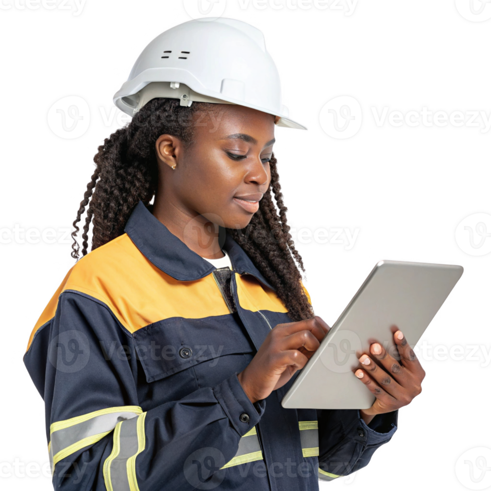 woman in hard hat using tablet, showcasing food, technology in construction setting png