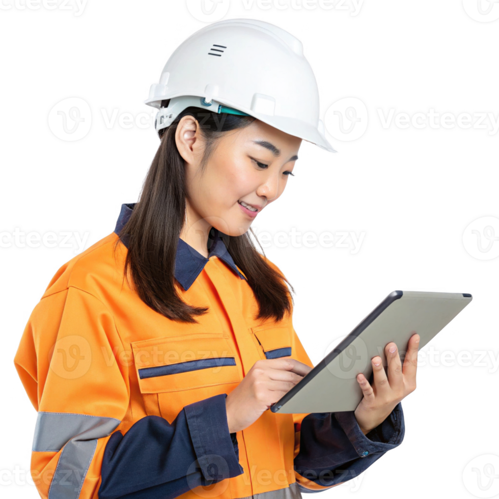 young woman in safety helmet using tablet, showcasing blend of food and technology in work environment png