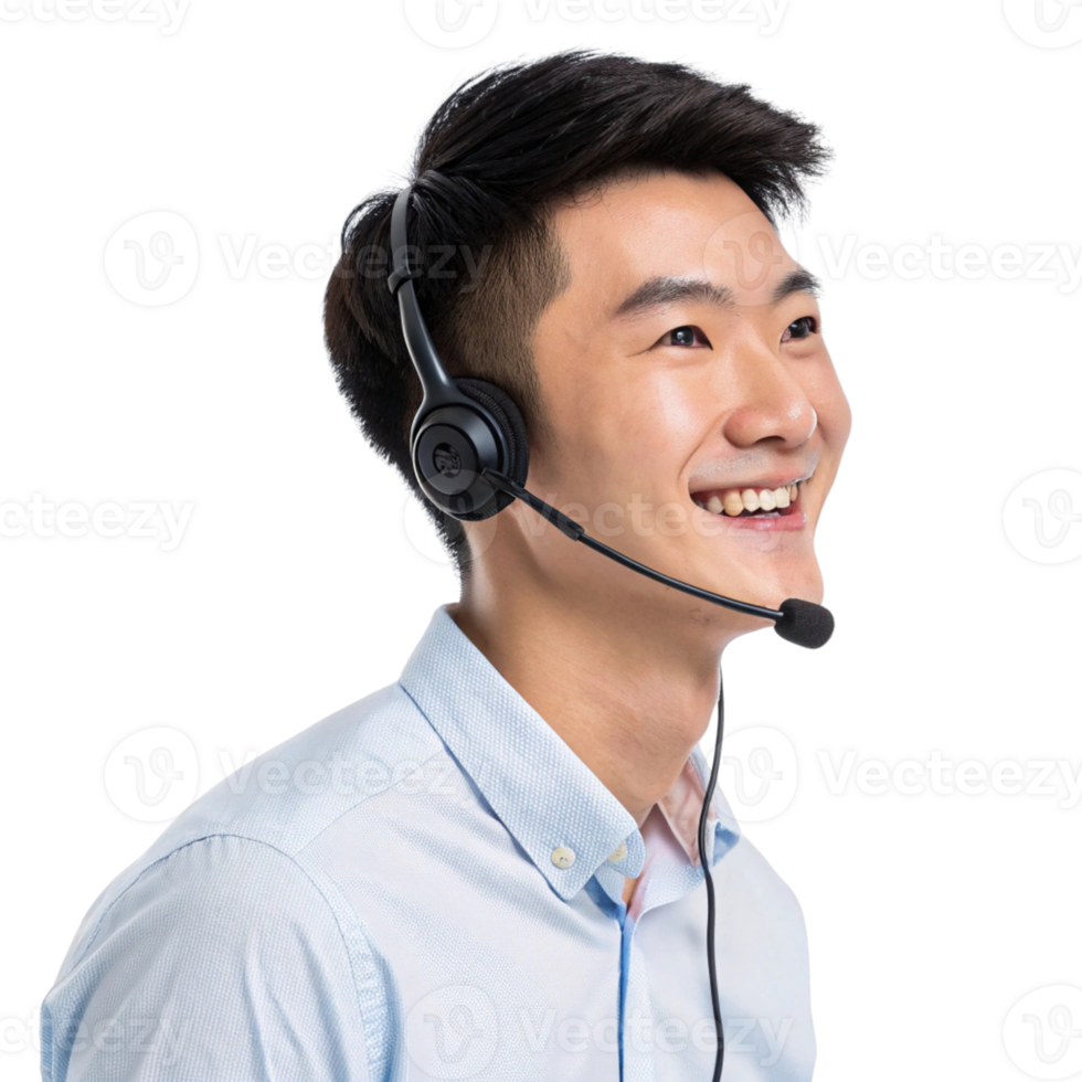 young man wearing headset, smiling while providing technical support. His expression conveys friendliness and professionalism png