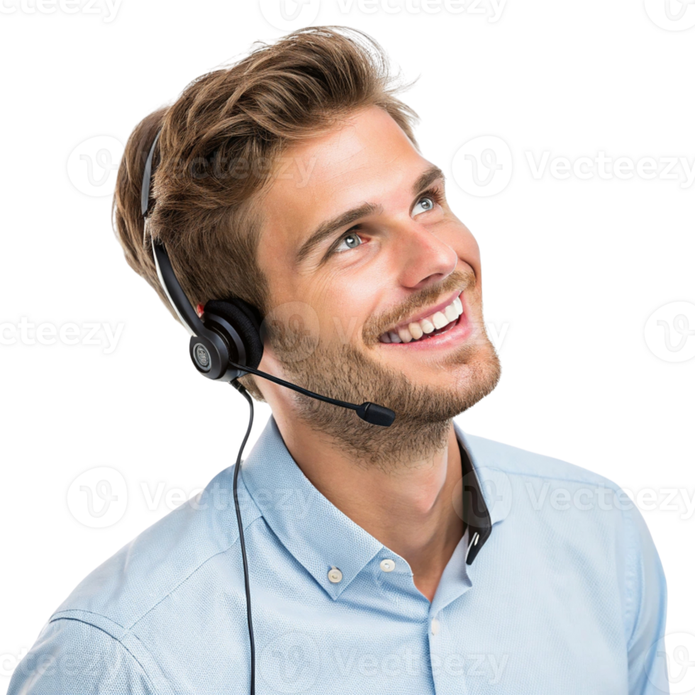 Smiling man with headset, looking up, engaged conversation, technical support, customer service, professional appearance png