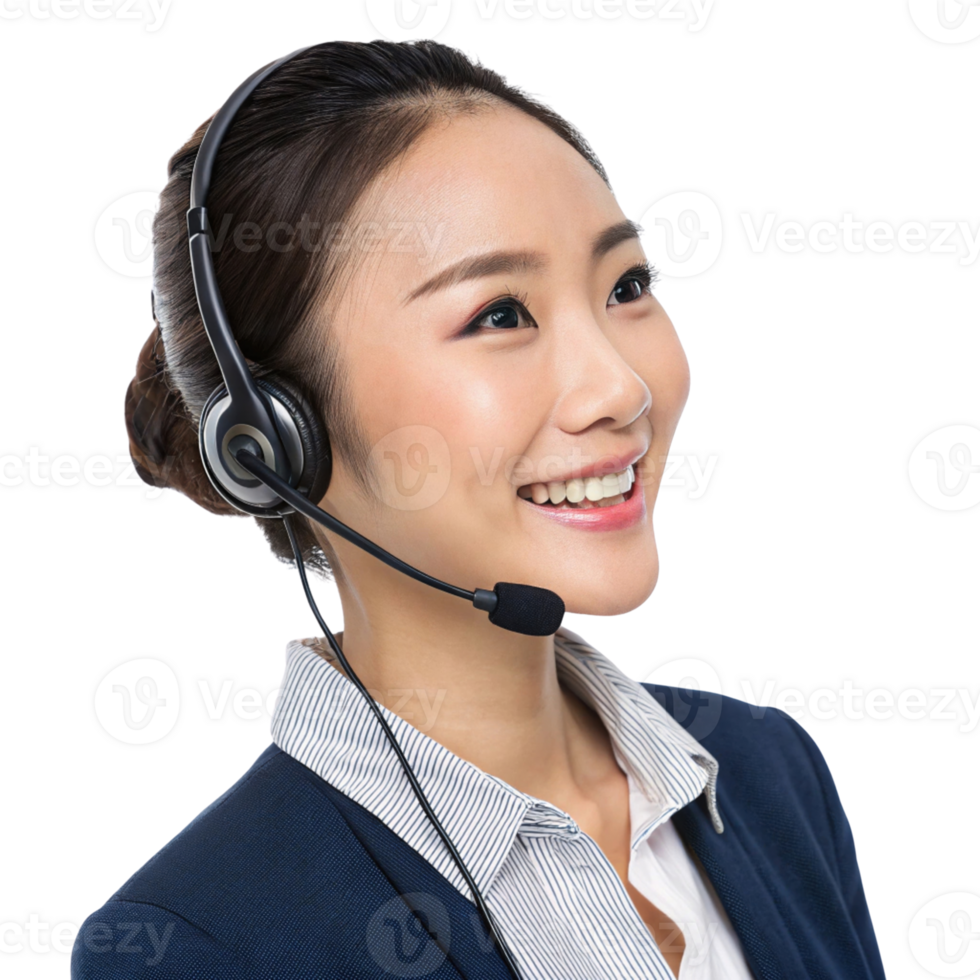 Smiling customer service representative wearing headset, providing technical support with friendly demeanor png
