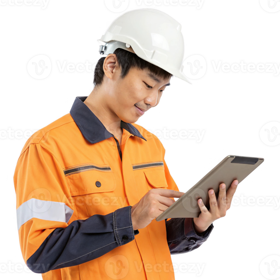 young construction worker orange uniform and white hard hat uses tablet, showcasing blend of food and technology modern work png