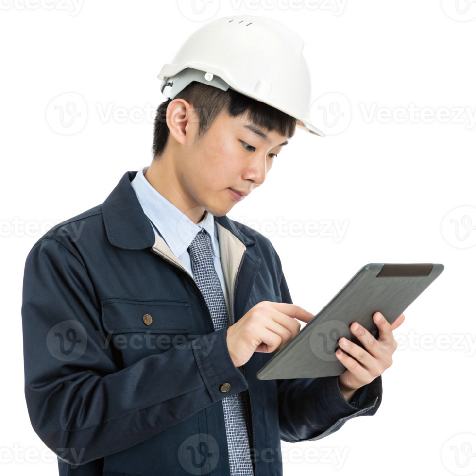 young engineer in hard hat using tablet, showcasing blend of food and technology in modern construction png