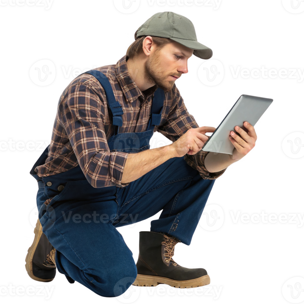man in work attire is using tablet while kneeling, showcasing blend of food and technology in modern setting png