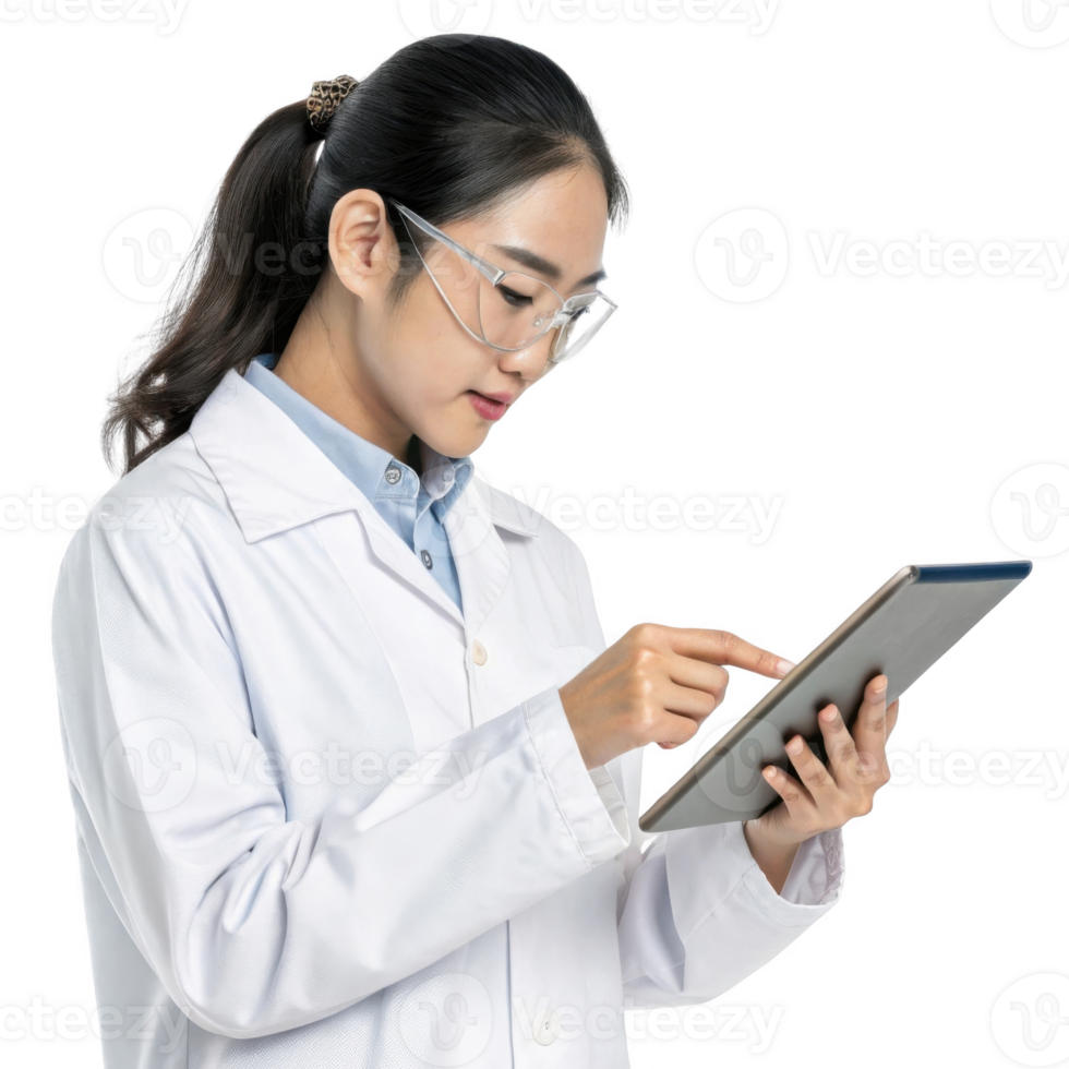 young female scientist in lab coat uses tablet, showcasing intersection of food and technology in research png